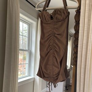 Brown Ruched Halter Dress